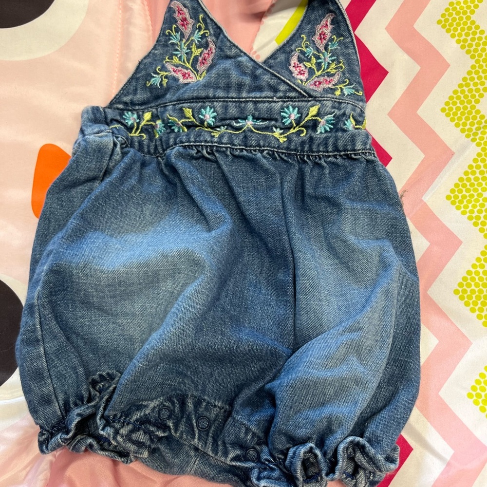 Old Navy Blue Denim Kids Romper with Floral Embroidery